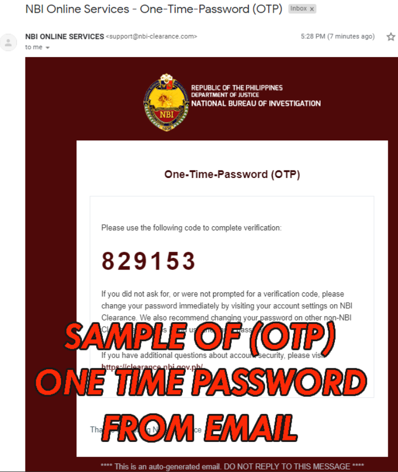 SAMPLE OF OTP ONE TIME PASSWORD FROM EMAIL nbi clearance online NBI CLEARANCE ONLINE APPLICATION FOR 2020 SAMPLE OF OTP ONE TIME PASSWORD FROM EMAIL