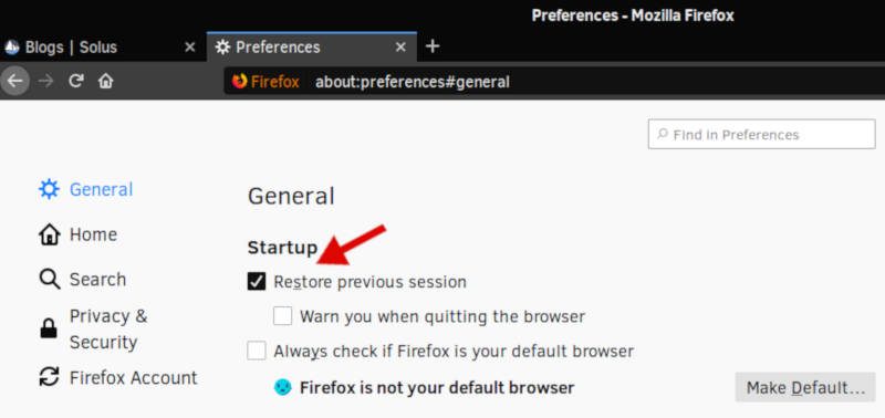 How to enable Restore previous session in Firefox