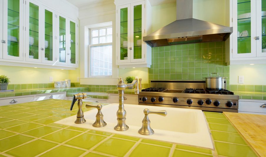 Green lime tiles for countertop and backsplash