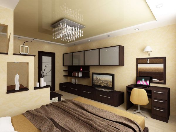 дизайн спальни и гостиной в одной комнате с телевизором на модульной стенке