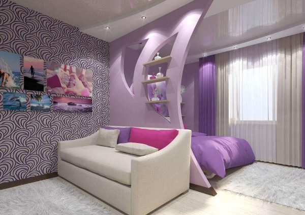 спальня с гостиной с декоративной перегородкой из гипсокартона