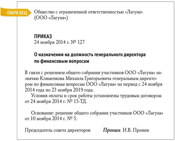 Образец приказа о вступлении в должность директора ооо с одним учредителем