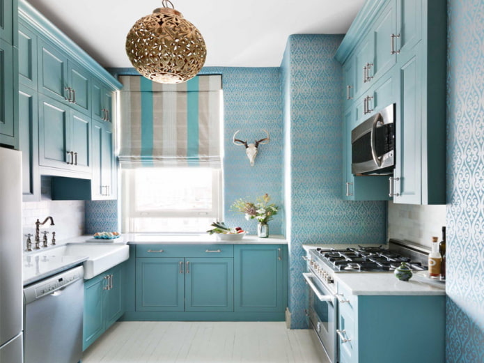 Дизайн интерьера кухни в голубых тонах 