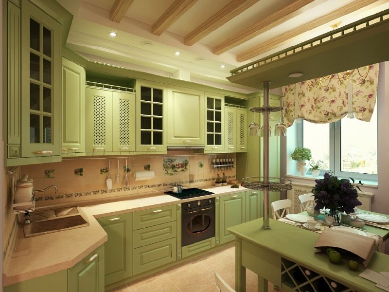 Светло-зеленая кухня угловой планировки