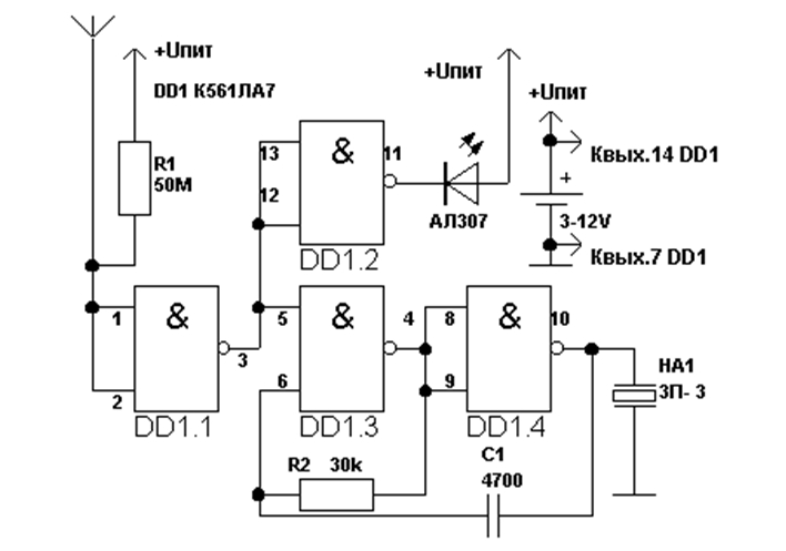 Схема детектора со световой и звуковой индикацией