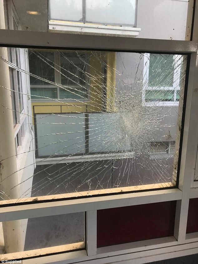 Constant crime has left them feeling like prisoners in their unit, and police can take hours to arrive despite being called to the building almost every day (pictured are broken windows in the hallways)