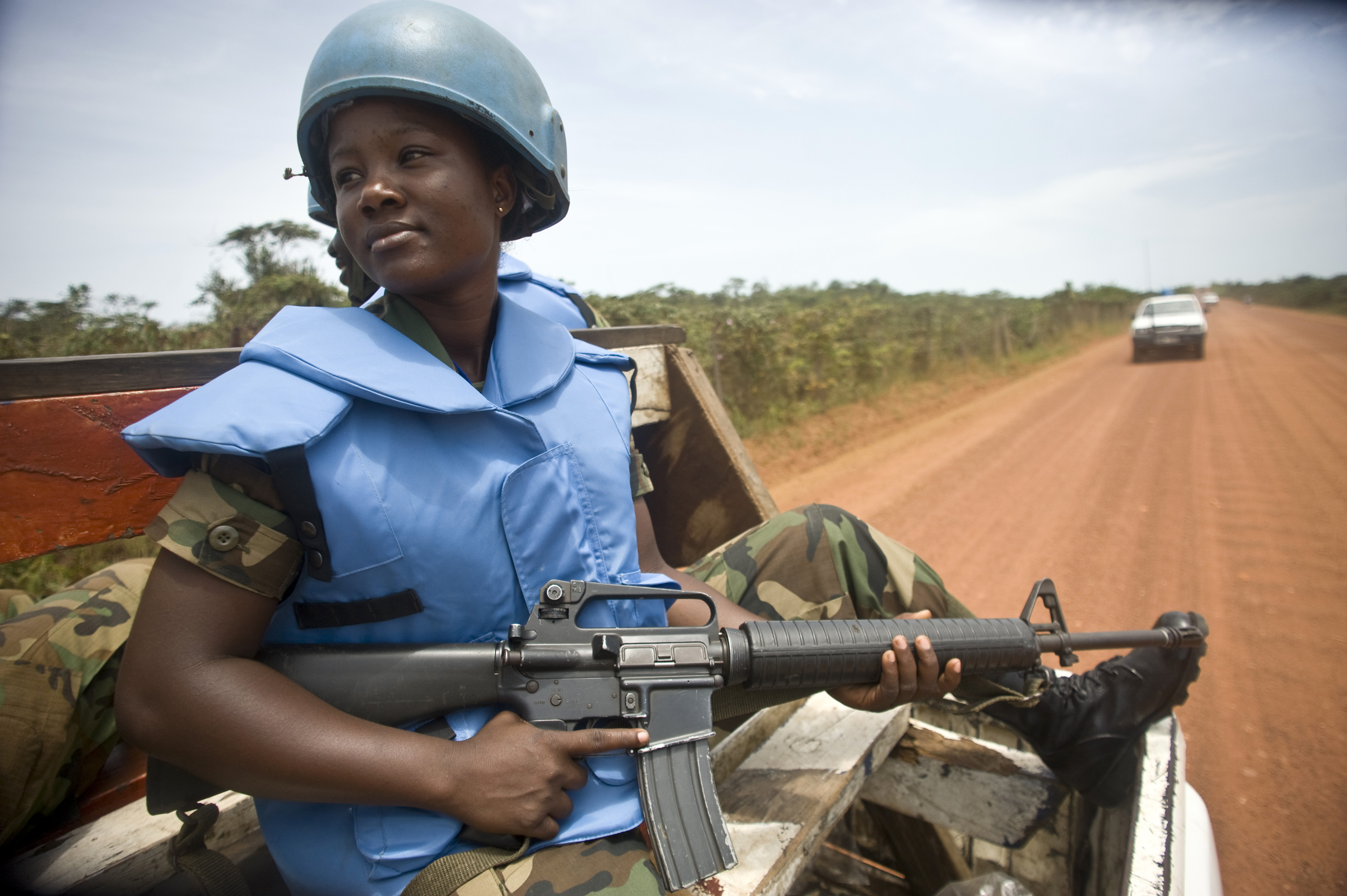 One of the 41 female members serving with Ghanbat 10 with UNMIL in Buchana on patrol about the Liberian Port City of Buchanan