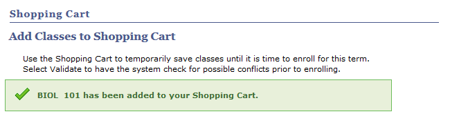 confirmation that classes have been added to shopping cart