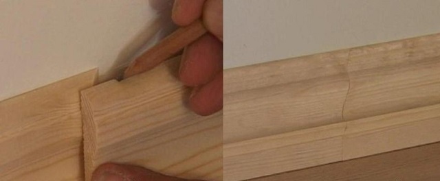 Порядок разметки и стыковки плинтусов на прямом участке стены. Запилы также рекомендуется делать под углом в 45 градусов.