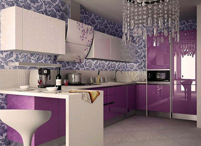 Фиолетовые обои для кухни в стиле ар-деко - дизайн фото
