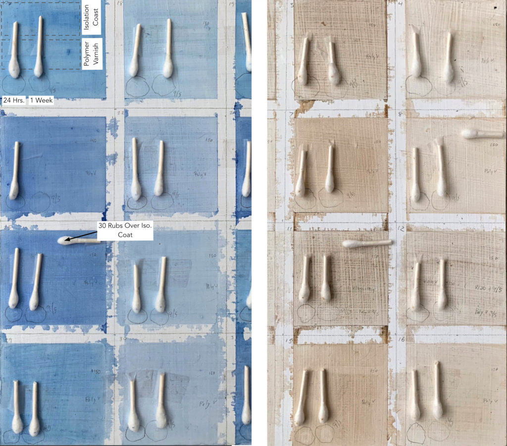 Test Panel of GOLDEN Heavy Body Pthalo Blue Green Shade and Yellow Oxide thinned 3:1, 1:1, 1:3, and 1:20 paint to water.