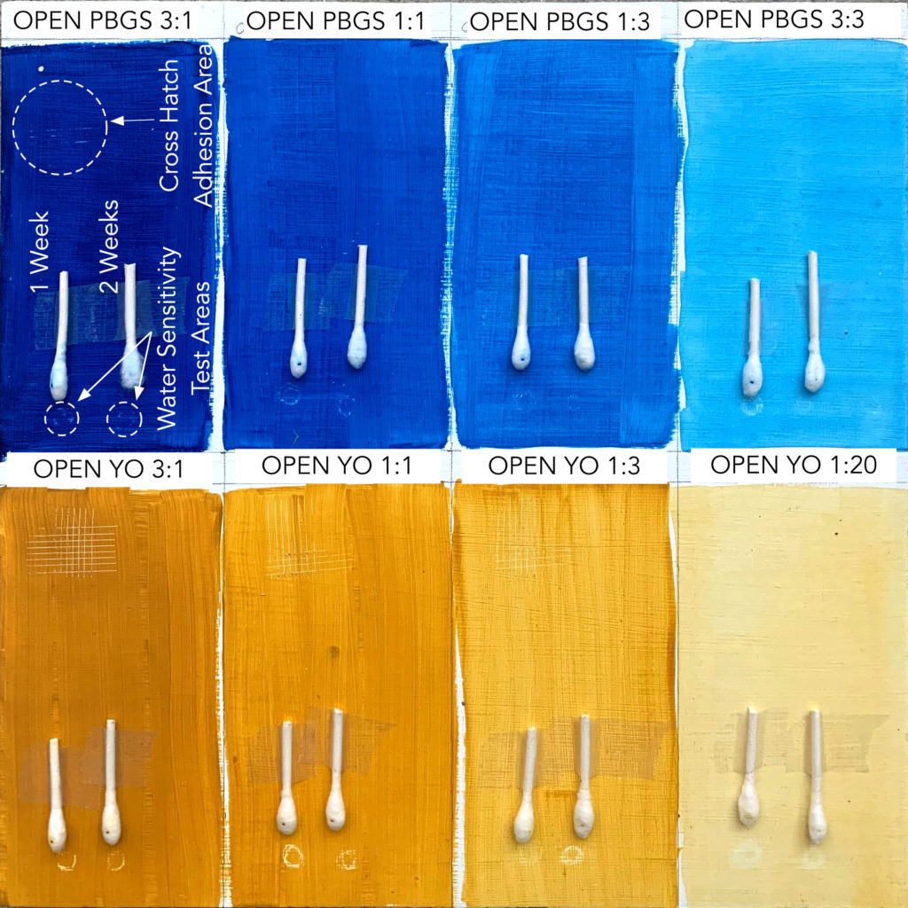 Test Panel of GOLDEN Heavy Body Pthalo Blue Green Shade and Yellow Oxide thinned 3:1, 1:1, 1:3, and 1:20 paint to water.