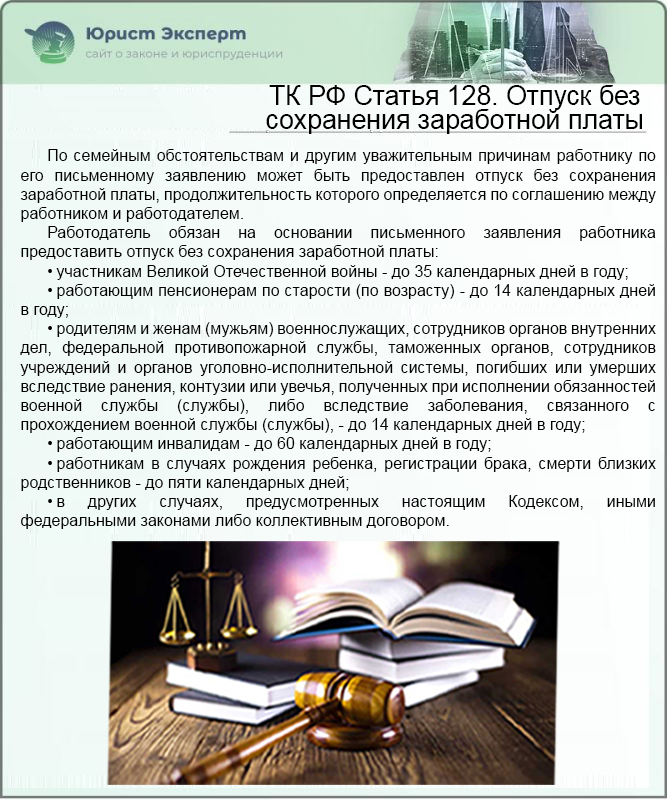 ТК РФ Статья 128. Отпуск без сохранения заработной платы
